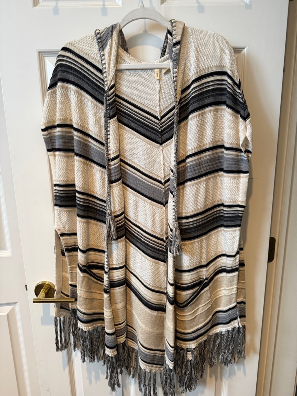 Moth (Anthropologie) Hooded Fringe Cardigan in Cream and Gray Stripes